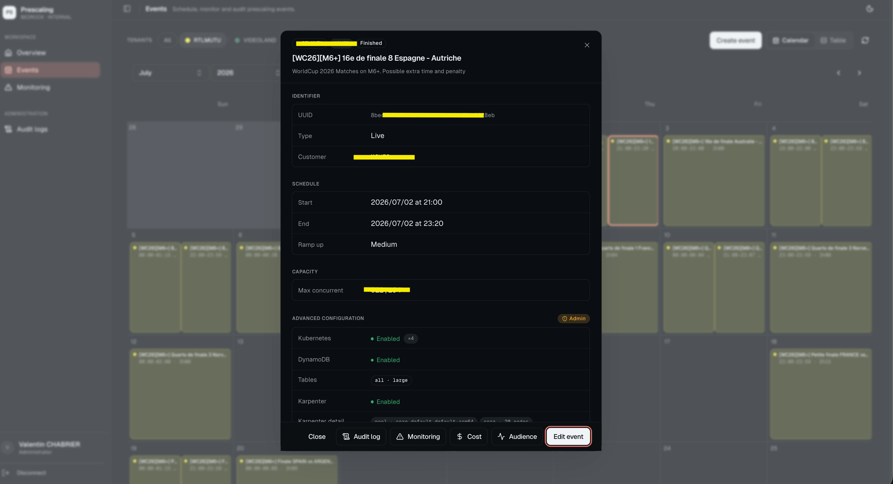 A football match registration in the Prescaling UI